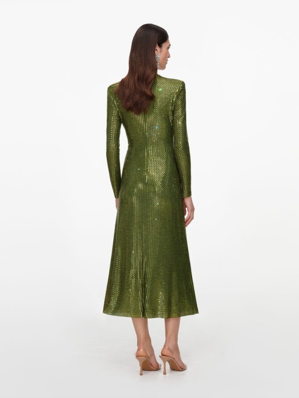 Self Portrait Olive Rhinestone Mesh Wrap Midi Dress - Picture 3 of 7